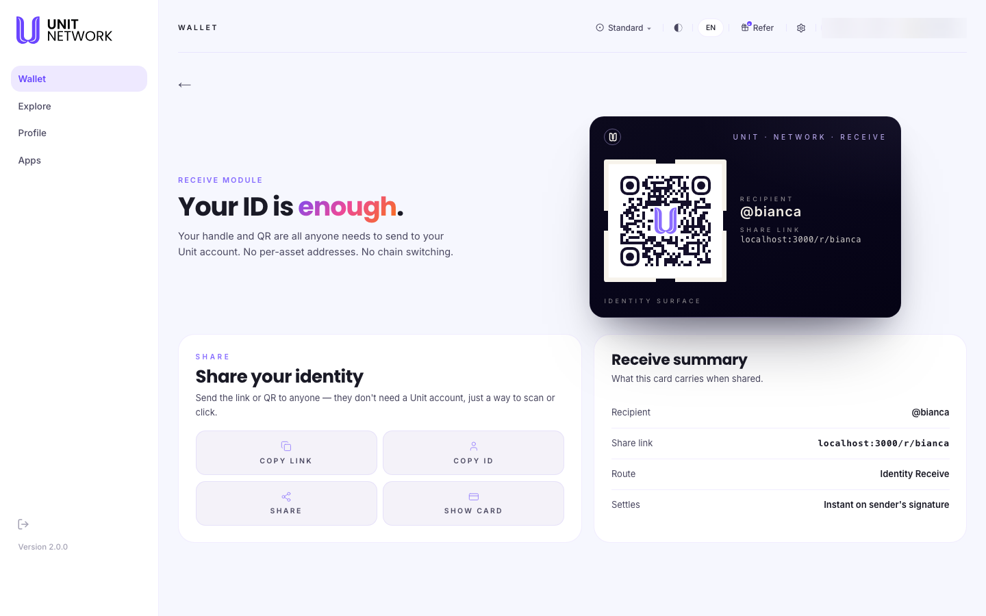 The Receive screen. On the left, the heading "Your ID is enough." above a paragraph explaining that your handle and QR are all anyone needs. On the right, a dark identity card headed "Unit · Network · Receive" containing a QR code, the recipient handle and a share link. Below, a Share panel with four buttons — Copy Link, Copy ID, Share and Show Card — beside a Receive summary listing Recipient, Share link, Route and Settles.