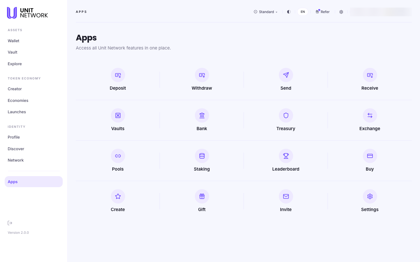 The Apps screen. The heading reads "Apps" with the line "Access all Unit Network features in one place." Below sits a grid of sixteen tiles, each with an icon and a label: Deposit, Withdraw, Send, Receive, Vaults, Bank, Treasury, Exchange, Pools, Staking, Leaderboard, Buy, Create, Gift, Invite and Settings. The account pill in the top right is blurred.