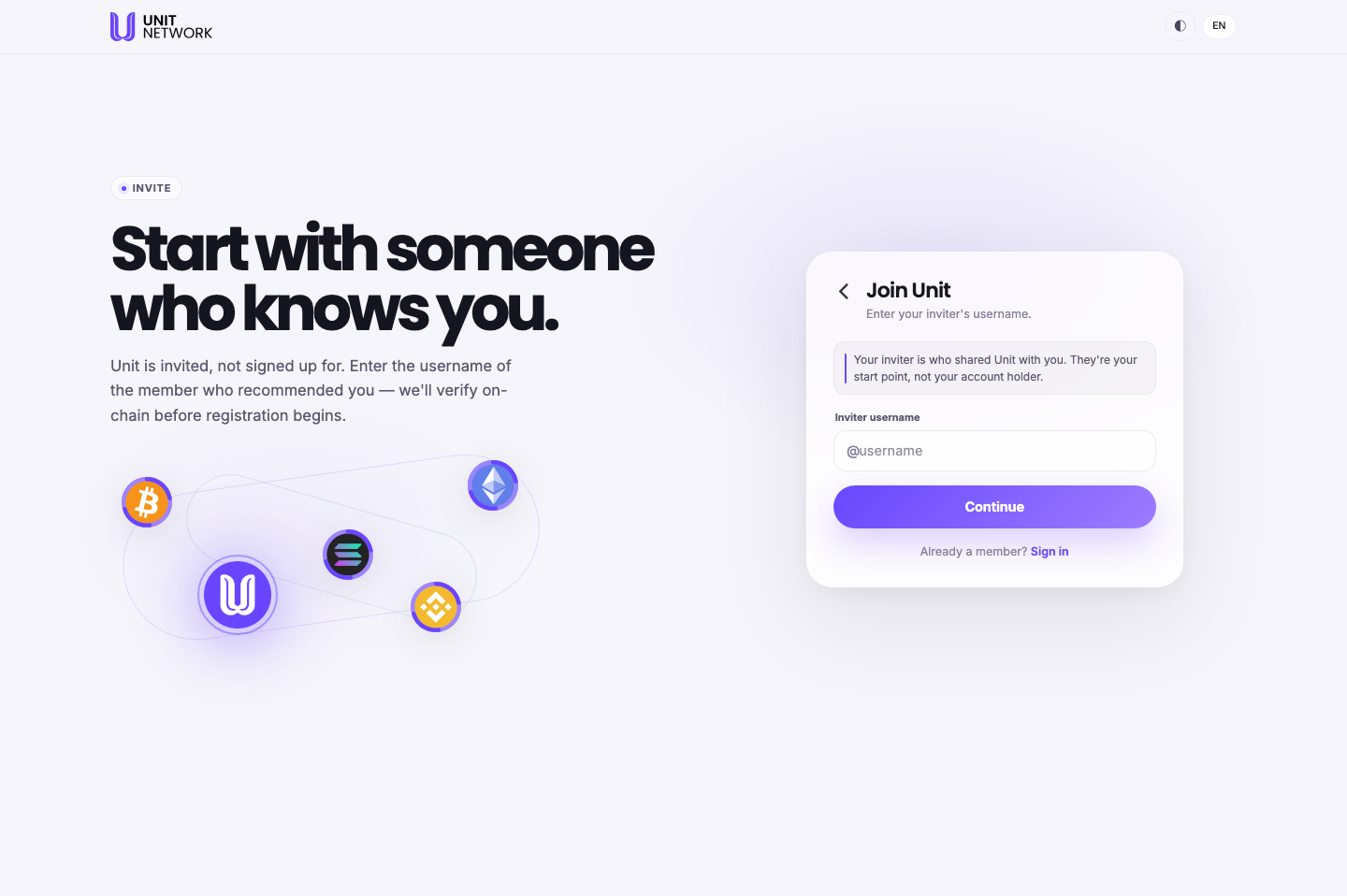 The invite screen. A label reads INVITE above the heading "Start with someone who knows you." and the line "Unit is invited, not signed up for. Enter the username of the member who recommended you — we'll verify on-chain before registration begins." A card headed "Join Unit" reads "Enter your inviter's username" and explains "Your inviter is who shared Unit with you. They're your start point, not your account holder." Below sits a field labelled Inviter username with an @ prefix, a Continue button, and the line "Already a member? Sign in".