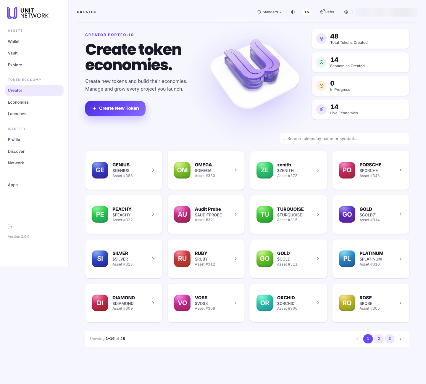 The Creator Portfolio. A heading reads "Create token economies" above the line "Create new tokens and build their economies. Manage and grow every project you launch", with a Create New Token button. Four figures follow: 48 Total Tokens Created, 14 Economies Created, 0 In Progress and 14 Live Economies. A search field reads "Search tokens by name or symbol". Below, a grid of token cards shows GENIUS, OMEGA, zenith, PORSCHE, PEACHY, Audit Probe, TURQUOISE, GOLD, SILVER, RUBY, GOLD, PLATINUM, DIAMOND, VOSS, ORCHID and ROSE, each with its symbol and asset number. A footer reads "Showing 1 to 16 of 48" with three page buttons.