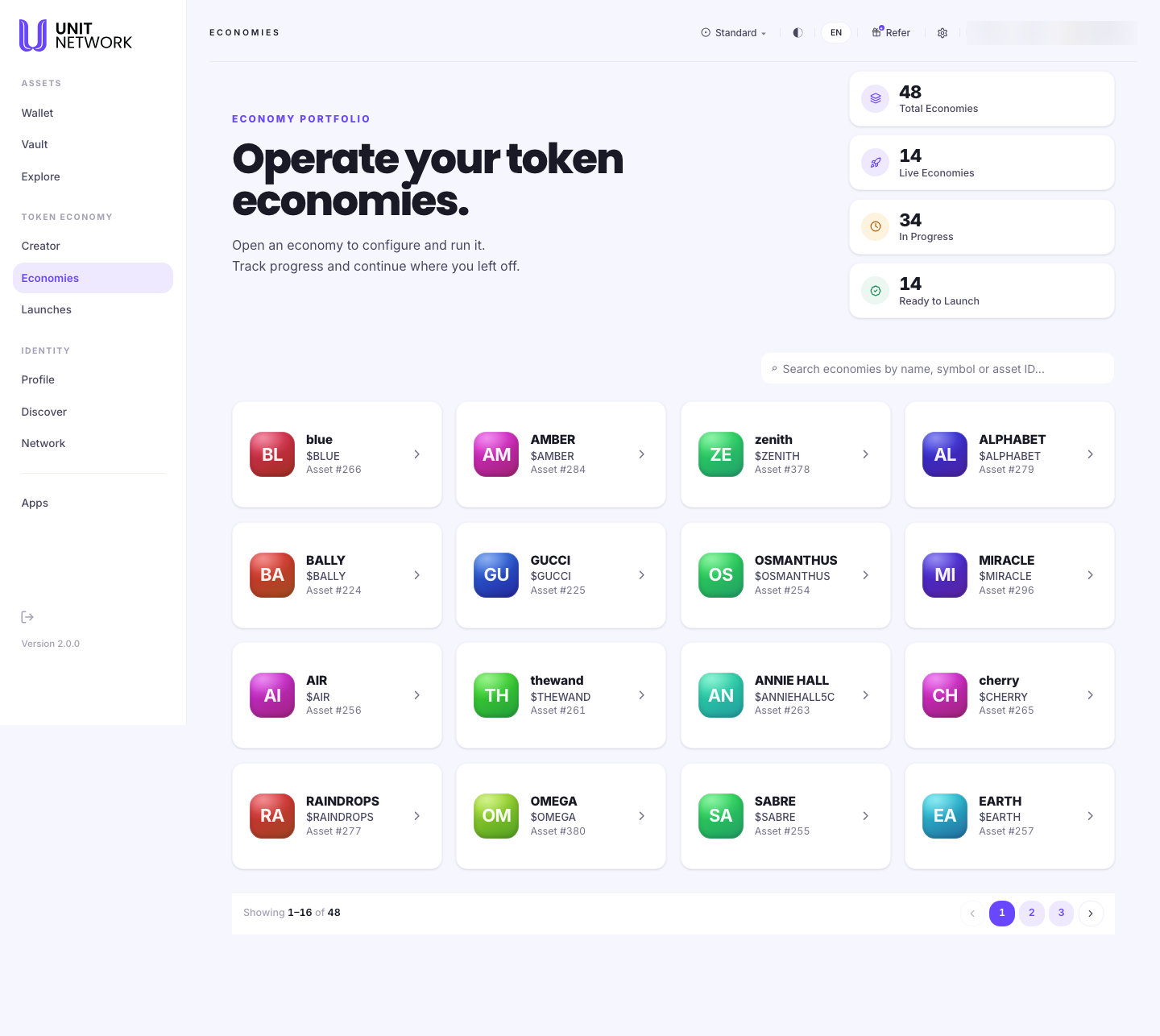 The Economy Portfolio. A label reads ECONOMY PORTFOLIO above the heading "Operate your token economies" and the line "Open an economy to configure and run it. Track progress and continue where you left off." Four figures follow: 48 Total Economies, 14 Live Economies, 34 In Progress and 14 Ready to Launch. A search field reads "Search economies by name, symbol or asset ID". Below, a grid of economy cards shows blue, AMBER, zenith, ALPHABET, BALLY, GUCCI, OSMANTHUS, MIRACLE, AIR, thewand, ANNIE HALL, cherry, RAINDROPS, OMEGA, SABRE and EARTH, each with its symbol and asset number. A footer reads "Showing 1 to 16 of 48" with three page buttons.