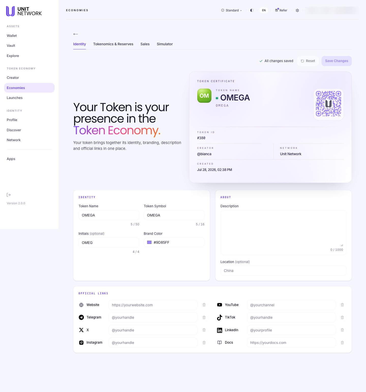The Identity tab of an economy workspace. Four tabs read Identity, Tokenomics and Reserves, Sales and Simulator, with Reset and Save Changes controls and a note reading "All changes saved". A heading reads "Your Token is your presence in the Token Economy." A Token Certificate panel shows the token name OMEGA, symbol OMEGA, token ID 380, creator, network and creation date. Below, an Identity section holds Token Name, Token Symbol, optional Initials and Brand Colour fields with character counters; an About section holds Description and optional Location; and an Official Links section lists Website, Telegram, X, Instagram, YouTube, TikTok, LinkedIn and Docs.