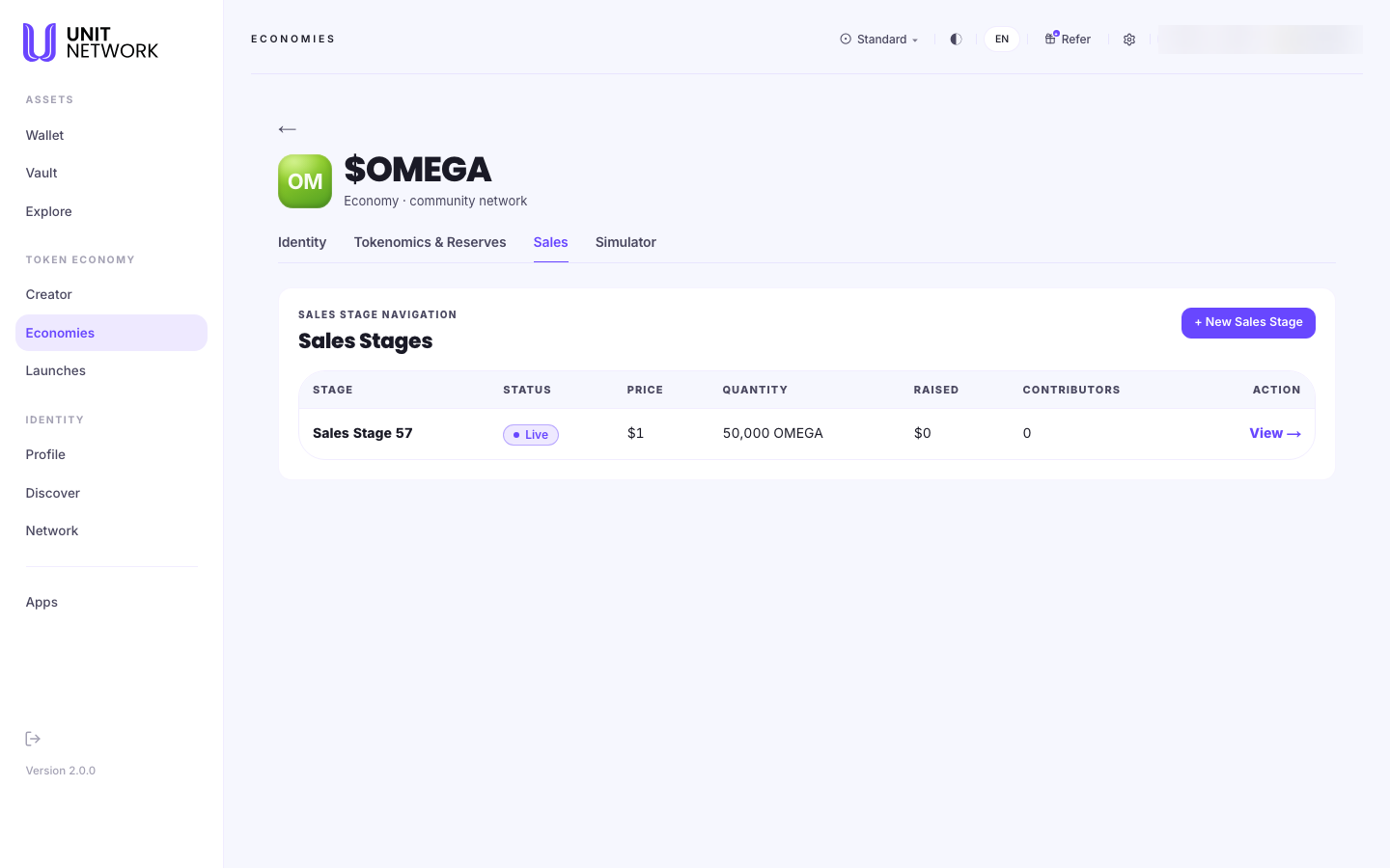 The Sales tab of an economy workspace. A label reads SALES STAGE NAVIGATION above the heading Sales Stages, with a "+ New Sales Stage" button. A table with the columns Stage, Status, Price, Quantity, Raised, Contributors and Action lists one row: Sales Stage 57, status Live, price $1, quantity 50,000 OMEGA, raised $0, contributors 0, with a "View" action.