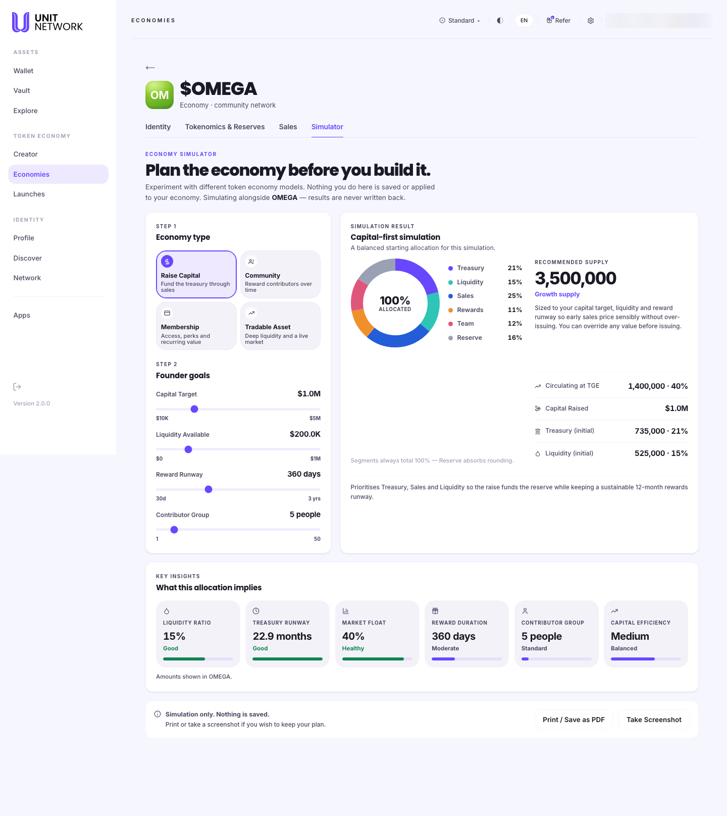 The Simulator tab. A label reads ECONOMY SIMULATOR above the heading "Plan the economy before you build it" and the lines "Experiment with different token economy models. Nothing you do here is saved or applied to your economy" and "Simulating alongside OMEGA — results are never written back". Step 1, Economy type, offers four choices: Raise Capital, "fund the treasury through sales"; Community, "reward contributors over time"; Membership, "access, perks and recurring value"; and Tradable Asset, "deep liquidity and a live market". Step 2, Founder goals, has sliders for Capital Target at $1.0M, Liquidity Available at $200.0K, Reward Runway at 360 days and Contributor Group at 5 people. A Simulation Result section headed "Capital-first simulation" follows, with Print and Screenshot controls.