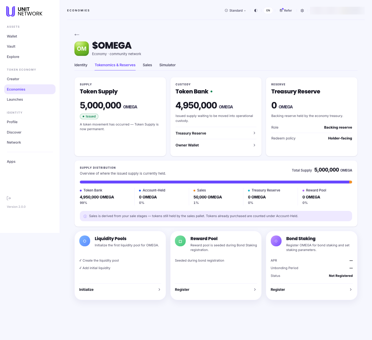 The Tokenomics and Reserves tab. A Supply section shows Token Supply of 5,000,000 OMEGA marked Issued, with a note that a token movement has occurred so token supply is now permanent. A Custody section shows a Token Bank of 4,950,000 OMEGA described as issued supply waiting to be moved into operational custody, with Treasury Reserve and Owner Wallet controls. A Reserve section shows a Treasury Reserve of 0 OMEGA described as the backing reserve held by the economy treasury, with role "Backing reserve" and redeem policy "Holder-facing". A Supply Distribution section lists Total Supply 5,000,000, Token Bank 4,950,000 at 99%, Account-Held 0 at 0%, Sales 50,000 at 1%, Treasury Reserve 0 and Reward Pool 0, noting that Sales is derived from your sale stages.
