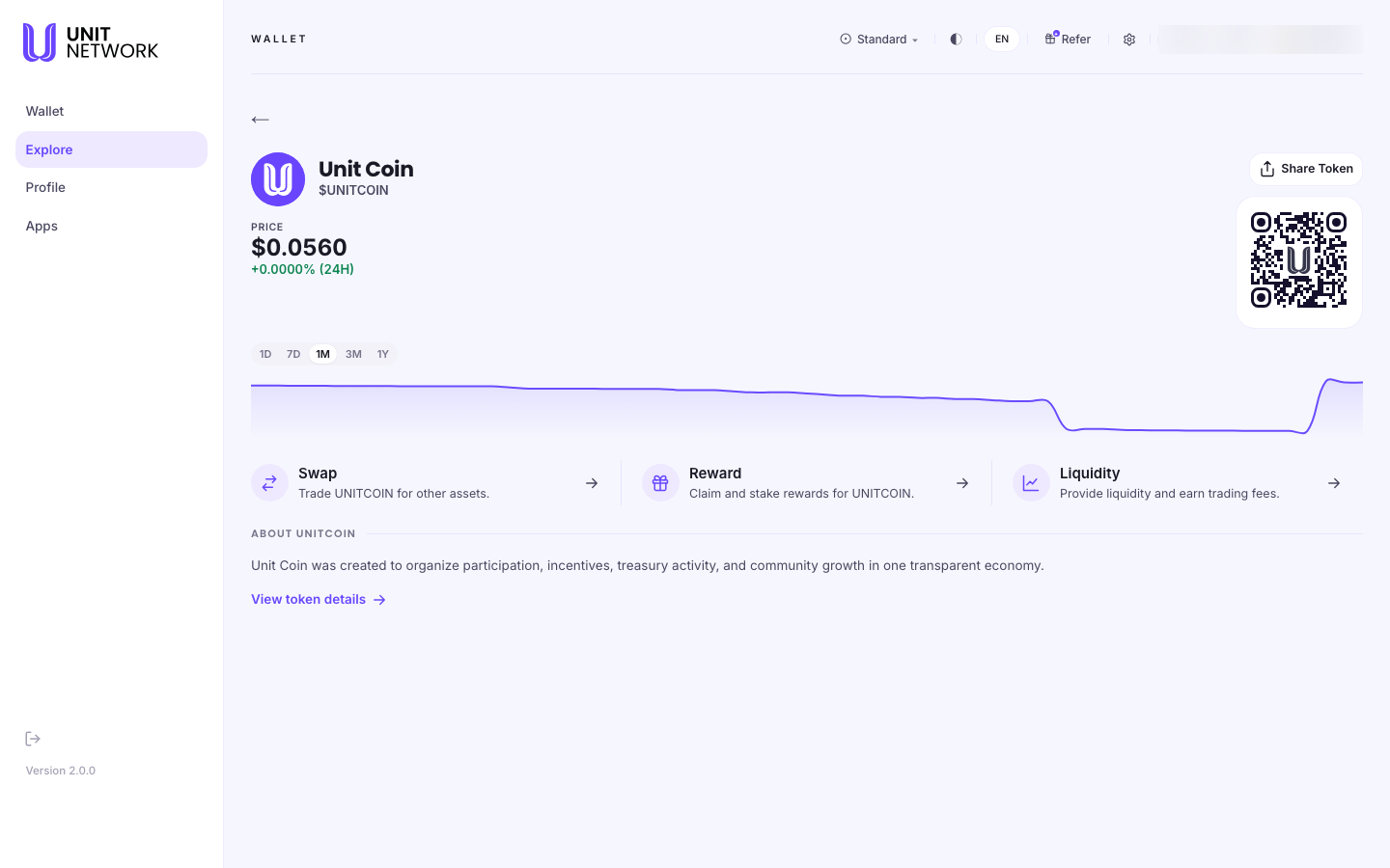 The UNITCOIN token page. A back arrow sits above the name Unit Coin and the symbol $UNITCOIN, with the price $0.0560 and its 24-hour change, and a Share Token control. Chart range buttons read 1D, 7D, 1M, 3M and 1Y. Three action cards follow: Swap, "Trade UNITCOIN for other assets"; Reward, "Claim and stake rewards for UNITCOIN"; and Liquidity, "Provide liquidity and earn trading fees". Below, a section headed ABOUT UNITCOIN describes the coin, ending in a "View token details" link.