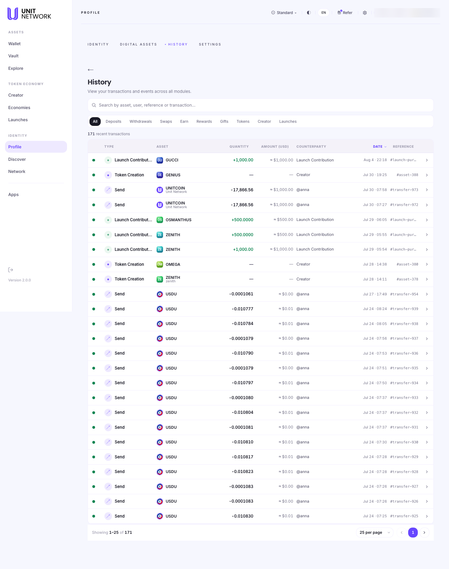 The History screen, reached from the HISTORY tab of Profile. A heading reads History with the line "View your transactions and events across all modules." Filters run across the top: All, Deposits, Withdrawals, Swaps, Earn, Rewards, Gifts, Tokens, Creator and Launches, followed by a count of 171 recent transactions. A table has columns TYPE, ASSET, QUANTITY, AMOUNT (USD), COUNTERPARTY, DATE and REFERENCE. Rows include a Launch Contribution of 1,000 GUCCI at about $1,000 on Aug 4, a Token Creation for GENIUS on Jul 30 with no quantity or amount and a counterparty of Creator, two Sends of 17,866.56 UNITCOIN to a handle on Jul 30, and further Launch Contributions in OSMANTHUS and ZENITH. Each row carries a reference such as a transfer number, an asset number, or a launch-purchase hash. The account pill is blurred.