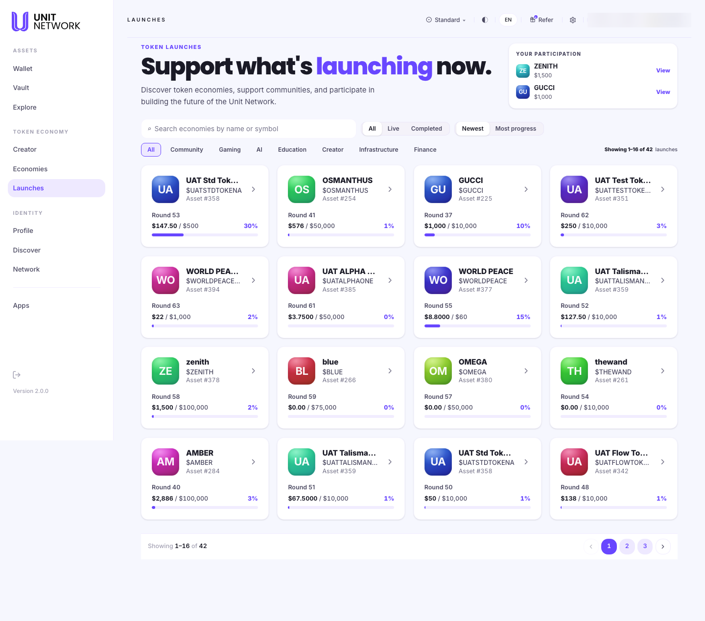 The Launches screen. A label reads TOKEN LAUNCHES above the heading "Support what's launching now" and the line "Discover token economies, support communities, and participate in building the future of the Unit Network." A Your Participation row shows two entries, ZENITH at $1,500 and GUCCI at $1,000, each with a View control. A search field reads "Search economies by name or symbol", followed by filters for All, Live and Completed, sort options Newest and Most progress, and category filters All, Community, Gaming, AI, Education, Creator, Infrastructure and Finance. A count reads "Showing 1 to 16 of 42 launches". Below, cards show each launch with its symbol, asset number, round number, amount raised against target and a percentage — UAT Std Token A at $147.50 of $500 and 30 percent, OSMANTHUS at $576 of $50,000 and 1 percent, GUCCI at $1,000 of $10,000 and 10 percent, and others.