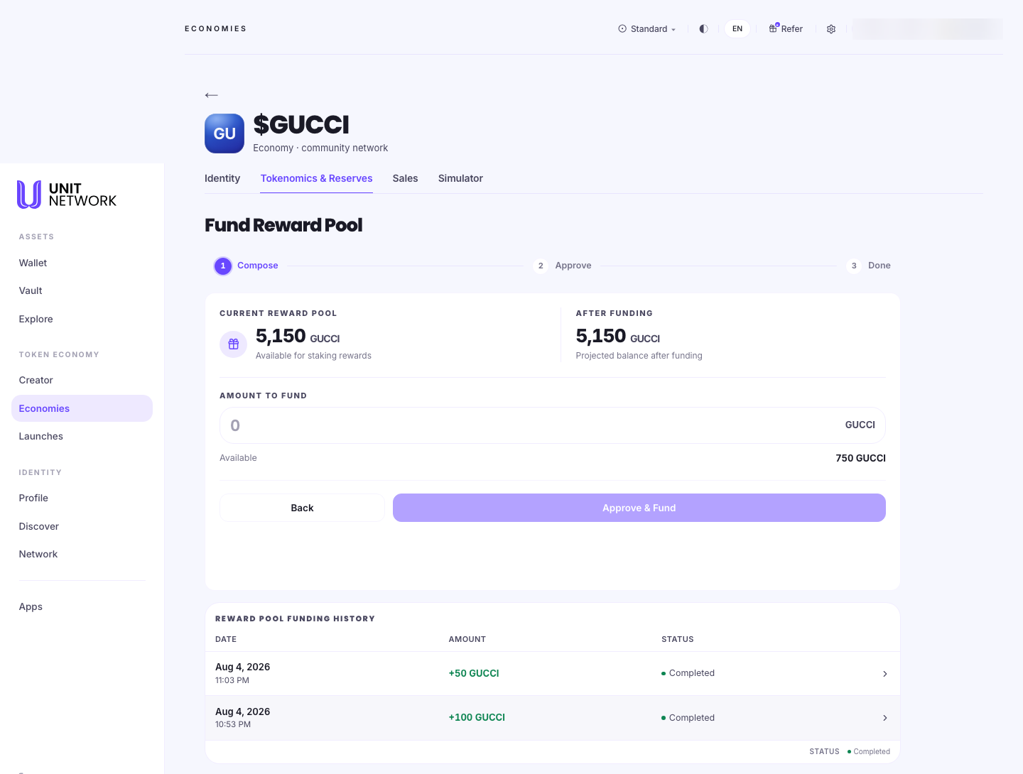 The Fund Reward Pool workspace on the GUCCI economy, open on the Tokenomics and Reserves tab. A three-stage bar reads 1 Compose, 2 Approve, 3 Done. Two figures sit side by side: CURRENT REWARD POOL 5,150 GUCCI available for staking rewards, and AFTER FUNDING 5,150 GUCCI, the projected balance after funding. Below, an AMOUNT TO FUND field reads 0 GUCCI with "Available 750 GUCCI" beneath it, above Back and Approve & Fund controls. A REWARD POOL FUNDING HISTORY panel follows with columns DATE, AMOUNT and STATUS, listing Aug 4 2026 11:03 PM +50 GUCCI Completed and Aug 4 2026 10:53 PM +100 GUCCI Completed, each row expandable. The account pill is blurred.