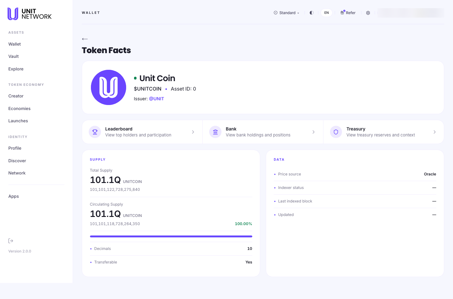 The Token Facts page for UNITCOIN. A heading reads Token Facts above the token name Unit Coin, the symbol $UNITCOIN, an Asset ID of 0 and an issuer handle. Three links follow: Leaderboard, to view top holders and participation; Bank, to view bank holdings and positions; and Treasury, to view treasury reserves and context. A SUPPLY section gives Total Supply and Circulating Supply both as a rounded figure and in full, with the circulating share as a percentage, plus Decimals and whether the token is Transferable. A DATA section lists the price source, the indexer status, the last indexed block and when the page was updated. The account pill is blurred.