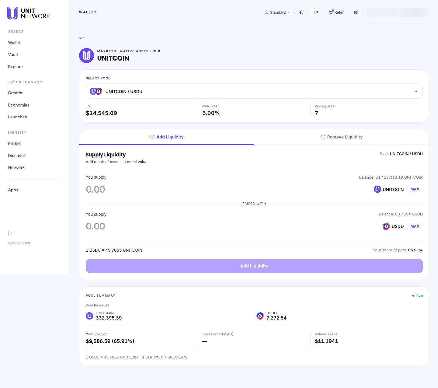The Liquidity page for UNITCOIN. A label reads MARKETS, NATIVE ASSET, ID 0. A SELECT POOL card shows the UNITCOIN / USDU pool with its TVL, a 24-hour APR of 5.00% and the number of participants. Add Liquidity and Remove Liquidity tabs sit above a panel headed "Supply Liquidity" reading "Add a pair of assets in equal value." Two supply fields, one for each side of the pair, each show the account balance and a MAX control, separated by the words PAIRED WITH. Beneath, the exchange rate between the two assets and the share of the pool are given, above an Add Liquidity control. A POOL SUMMARY panel lists Live Pool Reserves for both assets, Your Position in dollars and as a percentage, Fees Earned over 24 hours, 24-hour Volume, and the rate in both directions. The account pill is blurred.
